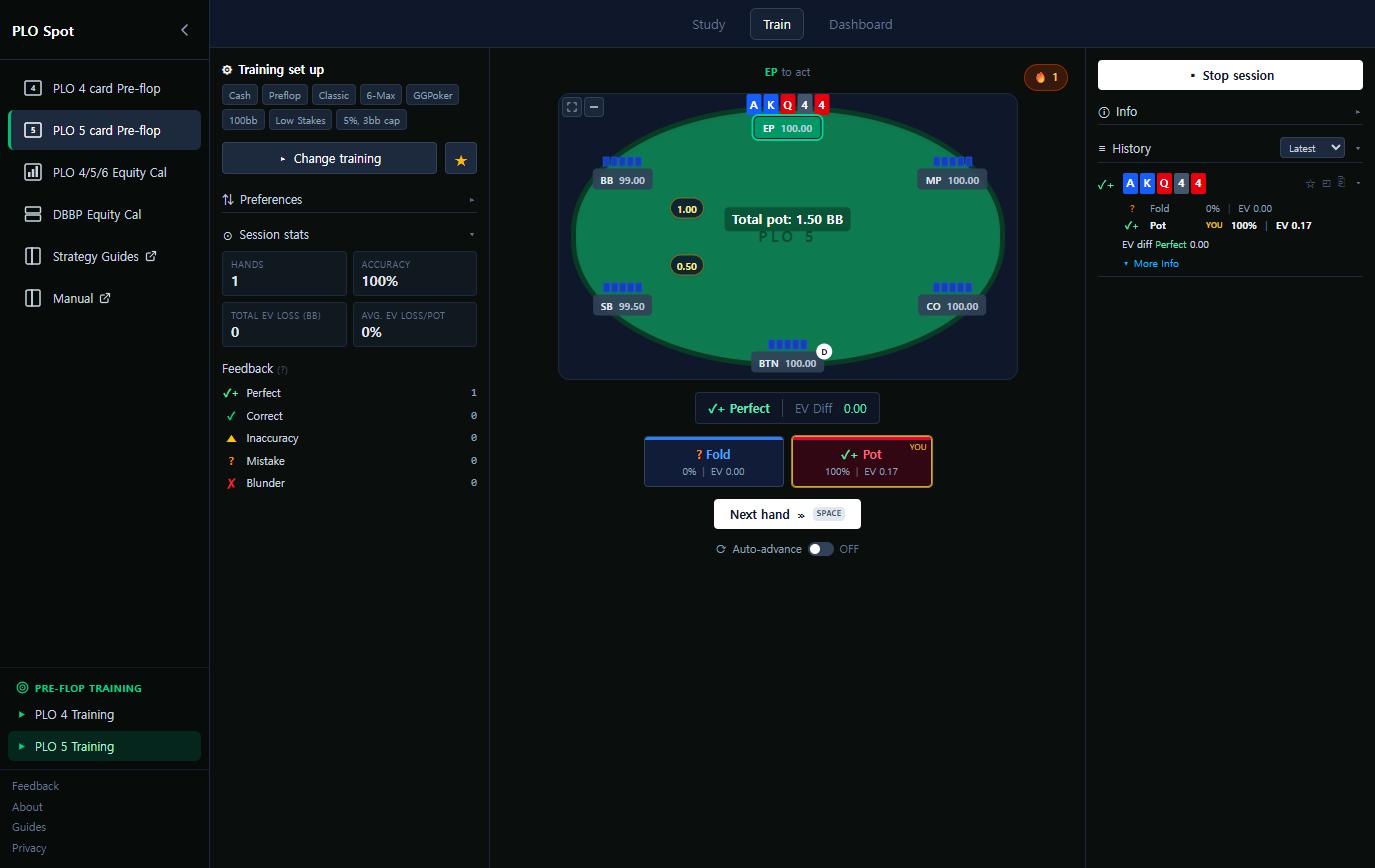 The PLO Spot trainer after a decision: a five-card PLO hand at the table, Fold and Pot buttons annotated with solver frequencies and EV, a Perfect verdict, session accuracy statistics and a hand history panel.
